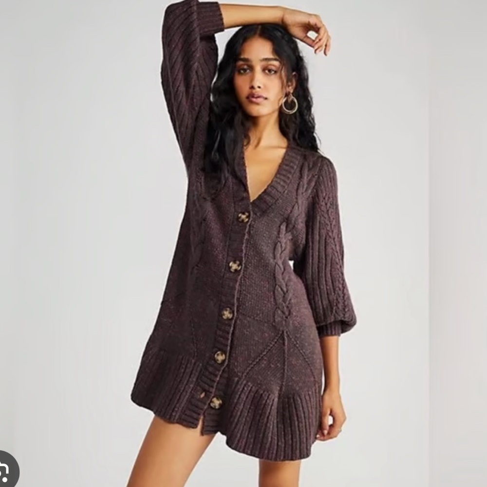 Free People Penelope Dark Brown Cable Knit Cardigan Dress
